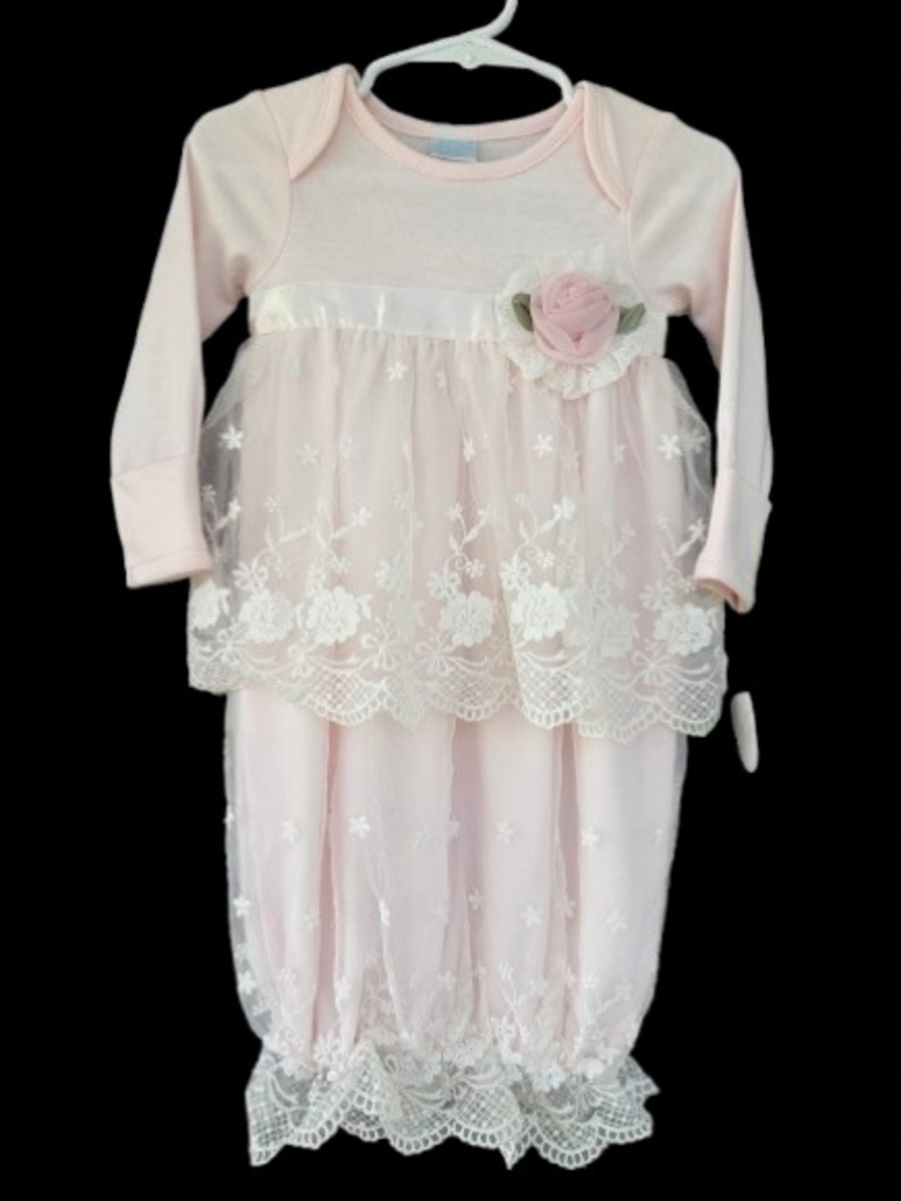 Edgehill Collection Pink Lace Baby Gown Rosette Size 0-6M Take Home Layette NWT